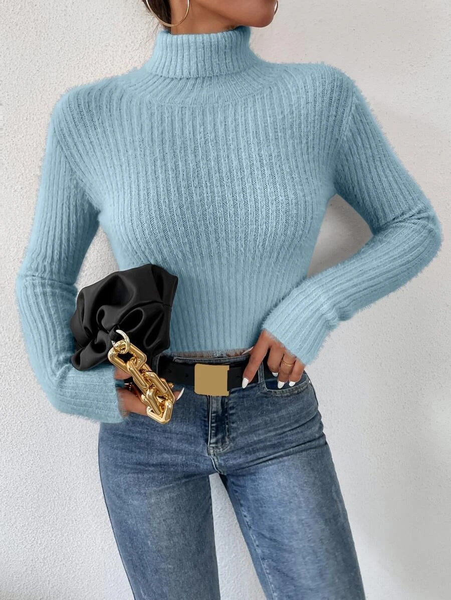Women's Short Ribbed Turtleneck Sweater with Fluffy Mohair Look Mune Fashion