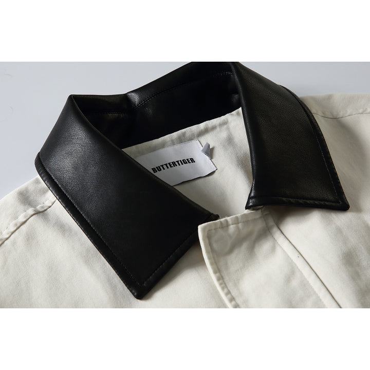 Men's short-cut boxy blouson jacket with faux leather collar, drawstring hem, and snap button cuffs Mune Fashion