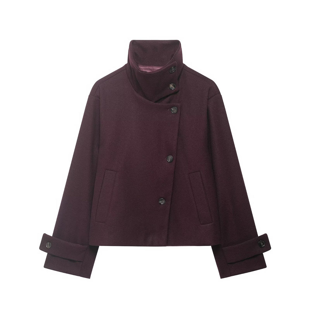 Women's Short Boxy Wool Coat with Asymmetrical Button Placket and Stand-up Collar Mune Fashion