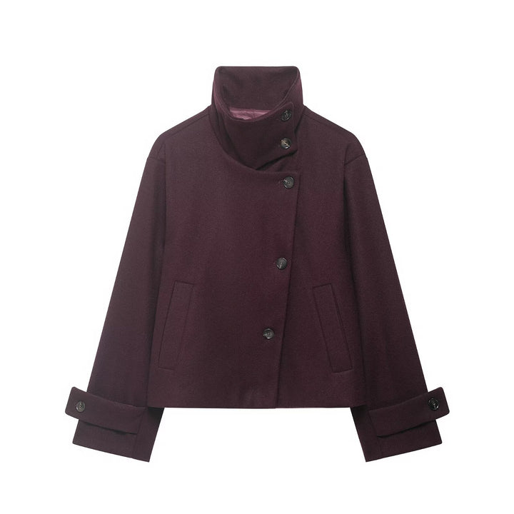 Women's Short Boxy Wool Coat with Asymmetrical Button Placket and Stand-up Collar Mune Fashion