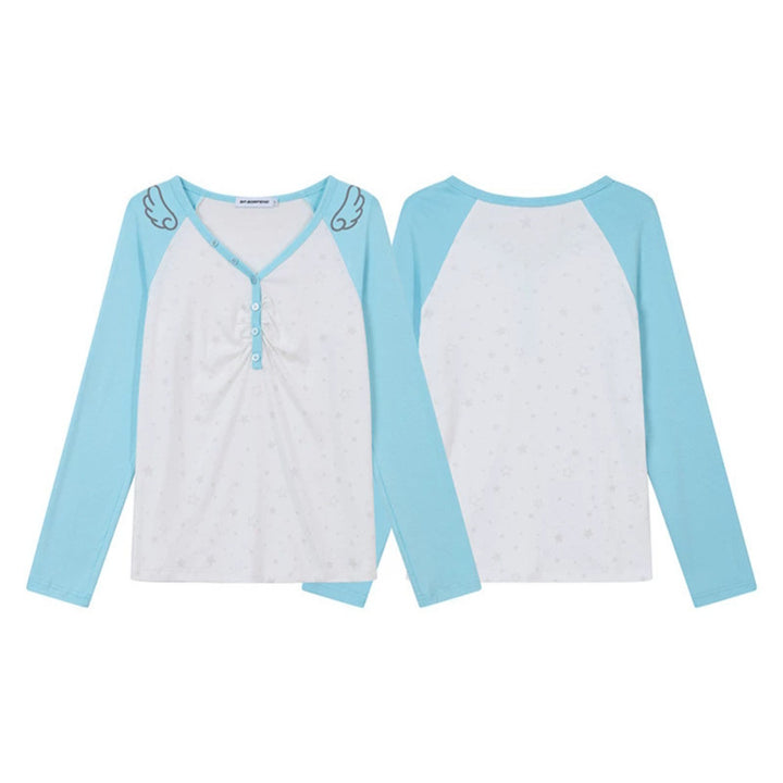 Women's Long Sleeve Henley Shirt with Raglan Sleeves, Gathered and Star Print Mune Fashion