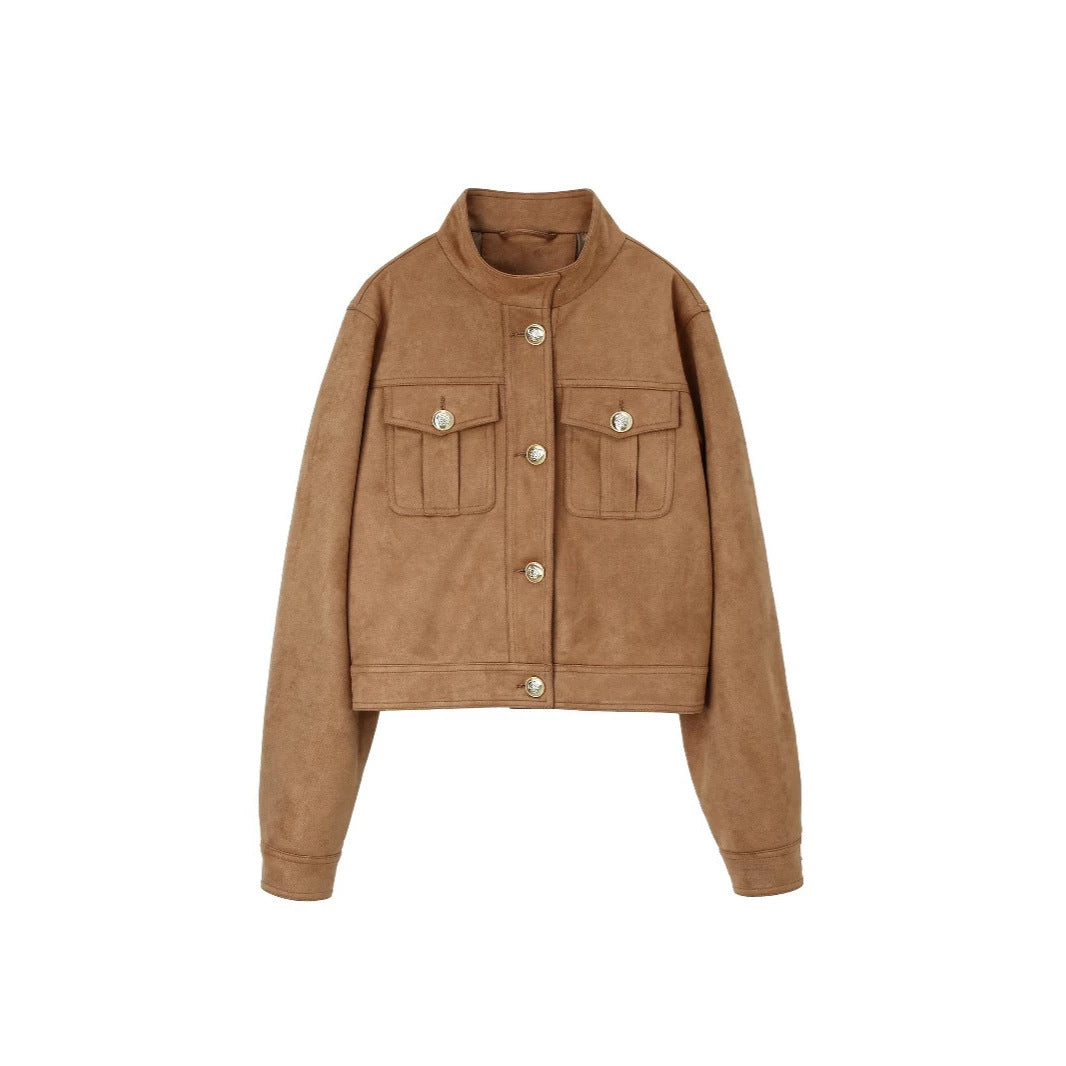 Women’s short jacket made of suede look with stand-up collar and patch pockets Mune Fashion