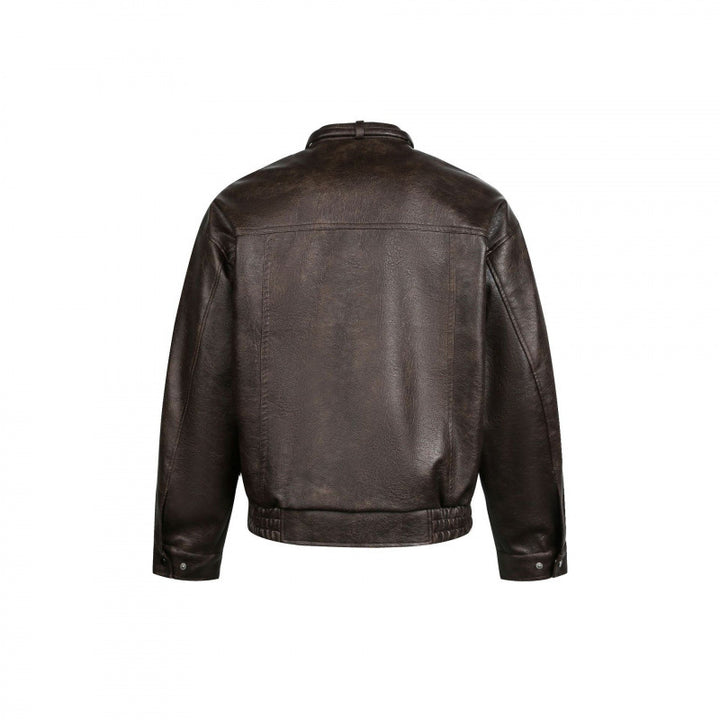 Men's leather bomber jacket with stand-up collar and elastic hem Mune Fashion