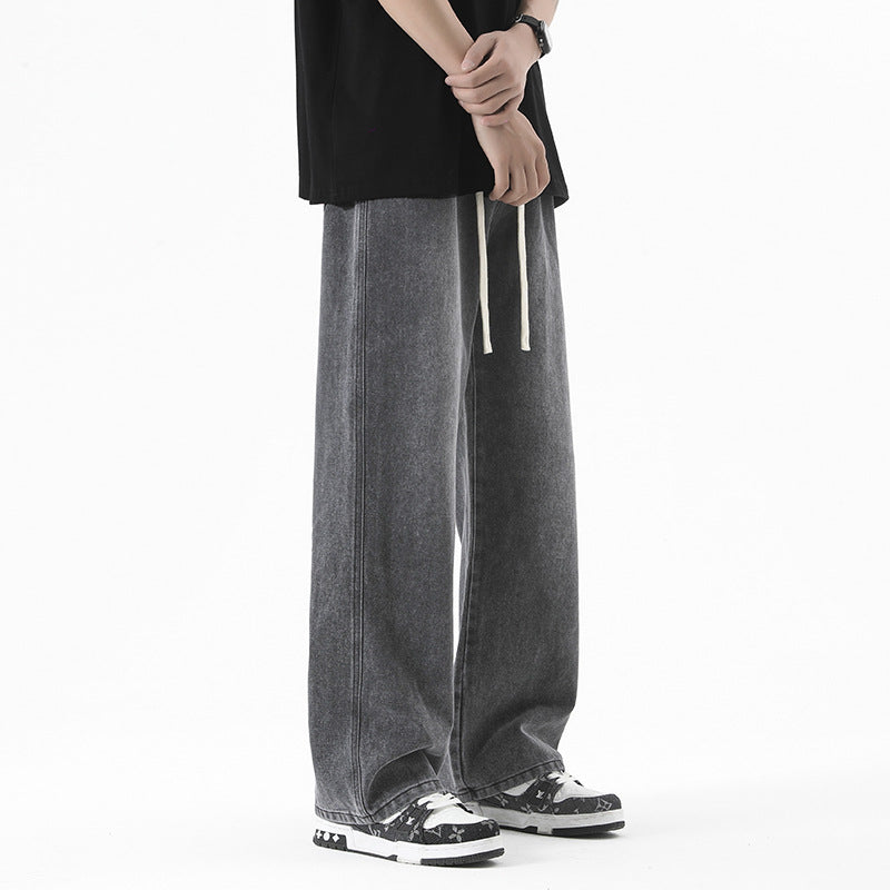 Men's Wide Denim Jogging Pants with Elastic Waistband and Long Drawstrings Mune Fashion