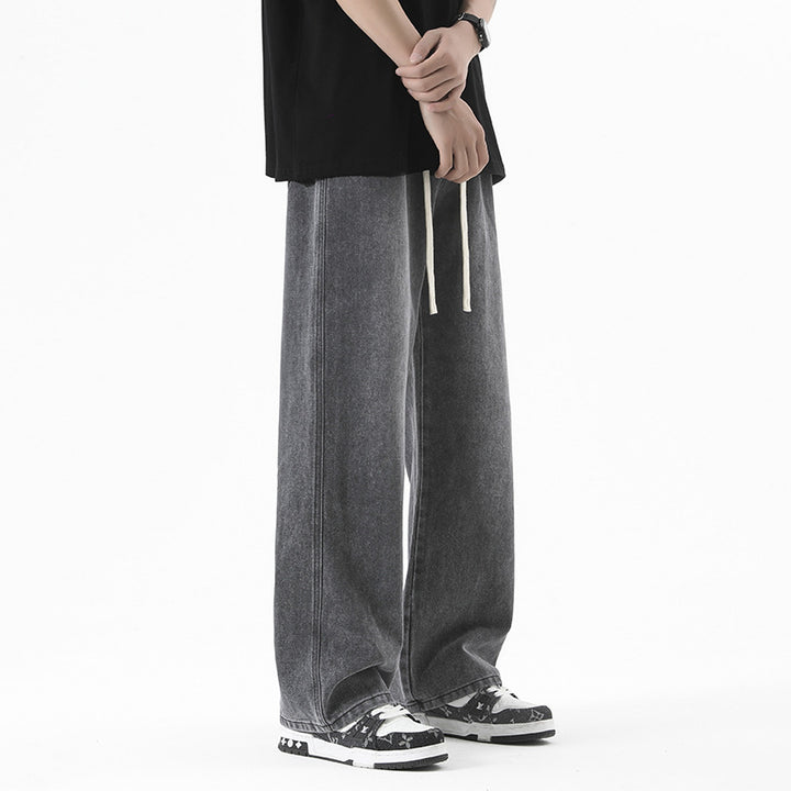 Men's Wide Denim Jogging Pants with Elastic Waistband and Long Drawstrings Mune Fashion
