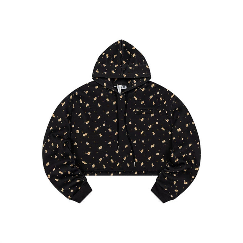 Women's Cropped Hoodie Sweatshirt with Allover Floral Print, Chest Pocket and Ruffled Hem Mune Fashion