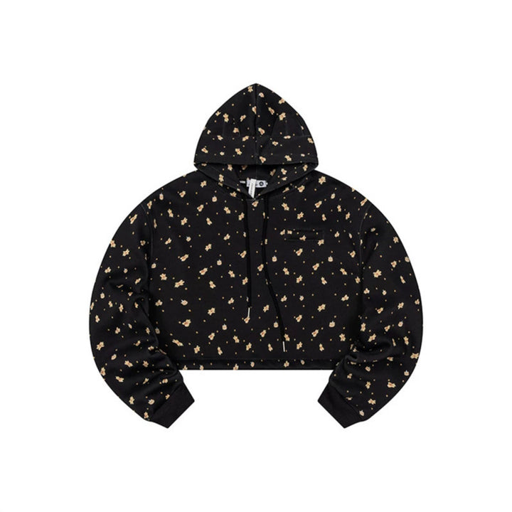 Women's Cropped Hoodie Sweatshirt with Allover Floral Print, Chest Pocket and Ruffled Hem Mune Fashion