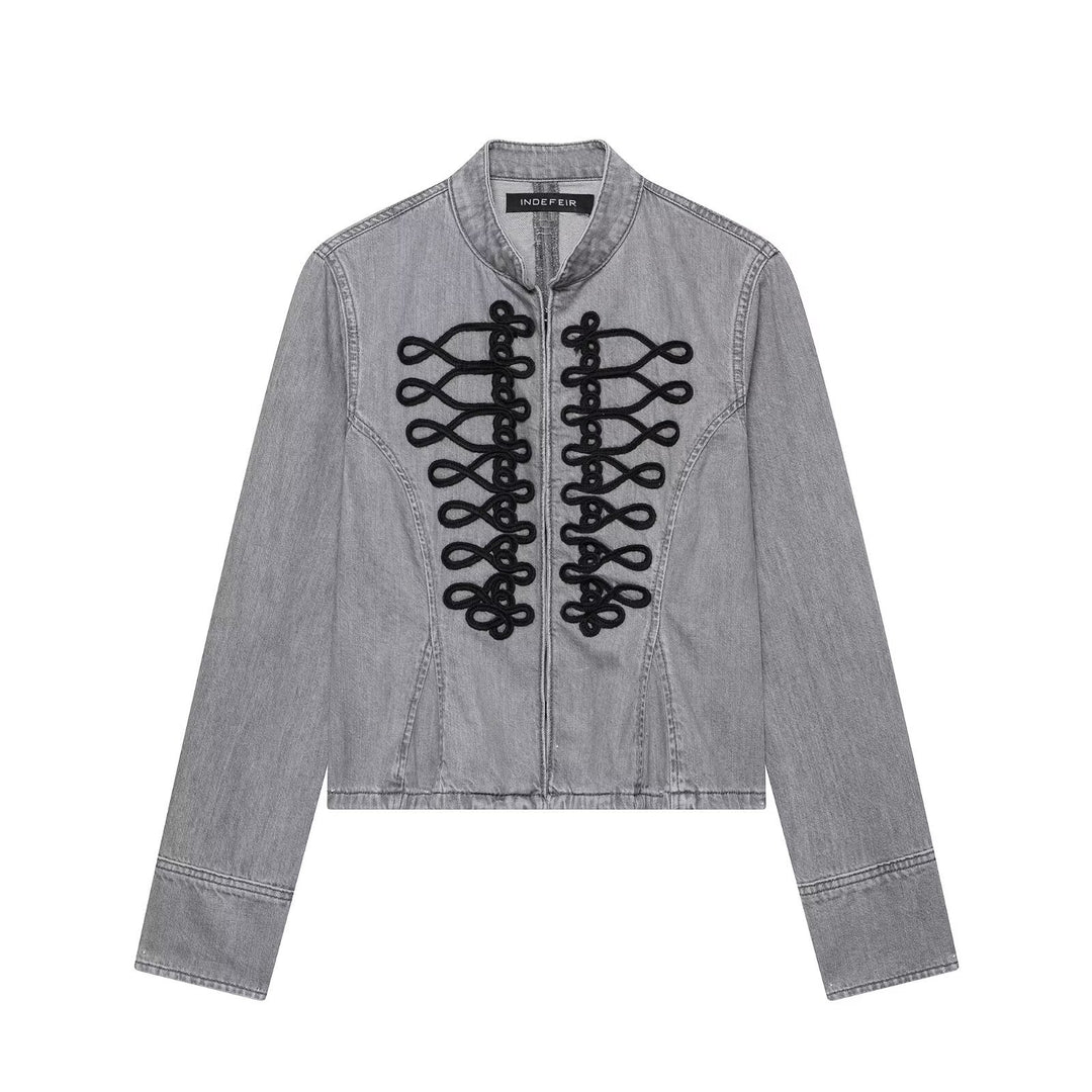 Ladies' denim jacket with military cord application and stand-up collar Mune Fashion