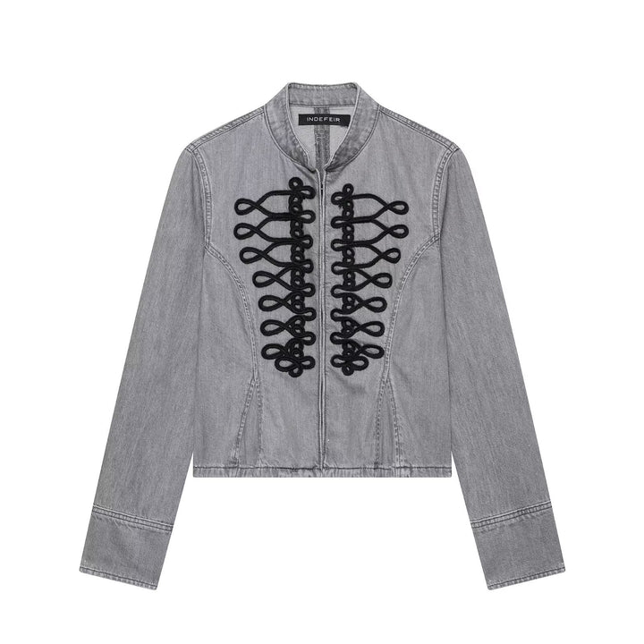 Ladies' denim jacket with military cord application and stand-up collar Mune Fashion