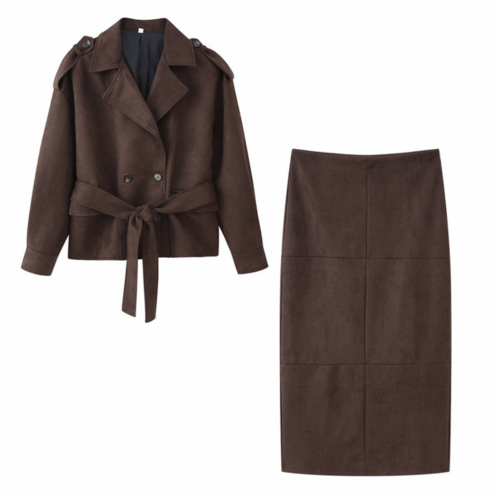 Women's Cropped Trench Coat in Suede Look with Ties and Epaulettes Mune Fashion
