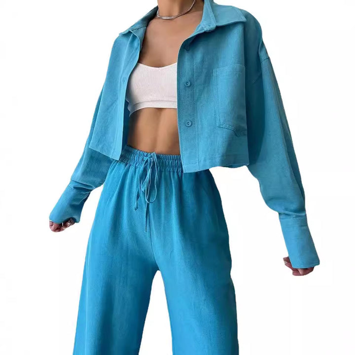 Ladies Linen Look Loungewear Set with Cropped Overshirt and High Waist Drawstring Pants Mune Fashion
