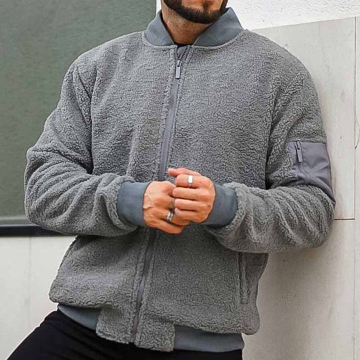Men's Teddy-Fleece Bomber Jacket with Zipper and Arm Pocket Mune Fashion