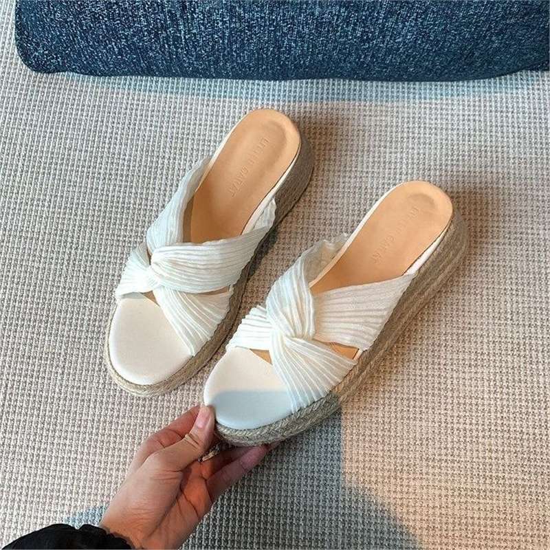 Ladies' Platform Espadrilles with Knotted Pleated Straps and Braided Jute Sole Mune Fashion