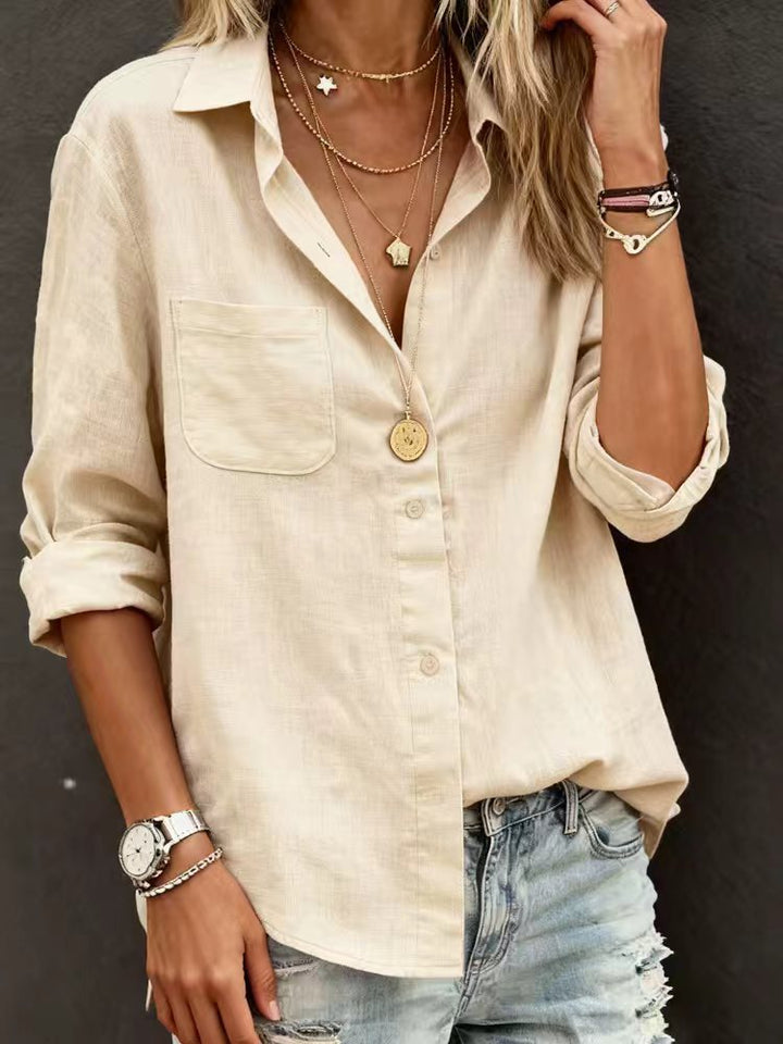 Ladies linen blouse with casual cut and practical breast pocket Mune Fashion