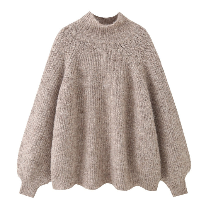 Women Oversize Mohair-Optic Knit Sweater with Stand-Up Collar and Balloon Sleeves Mune Fashion