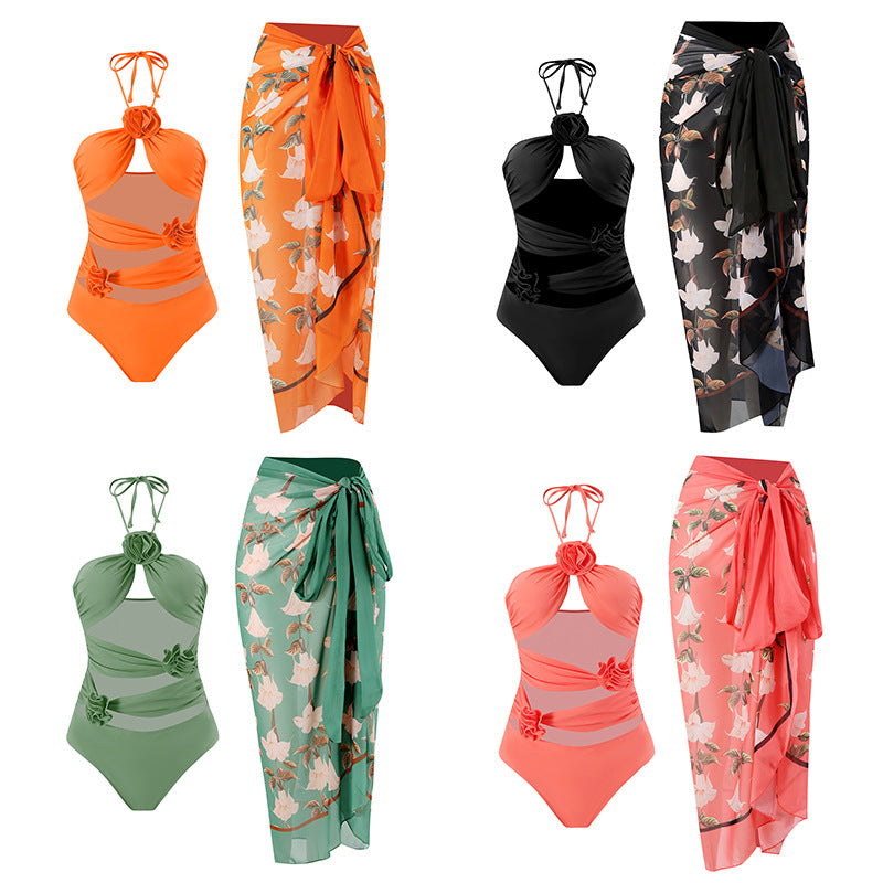 Ladies' one-piece swimsuit with floral details and transparent insert Mune Fashion