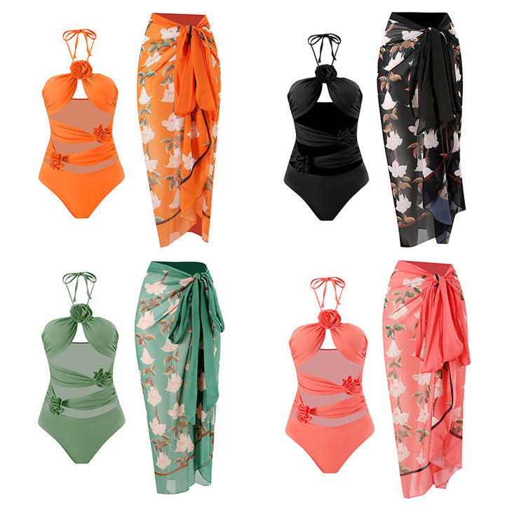 Ladies' one-piece swimsuit with floral details and transparent insert Mune Fashion