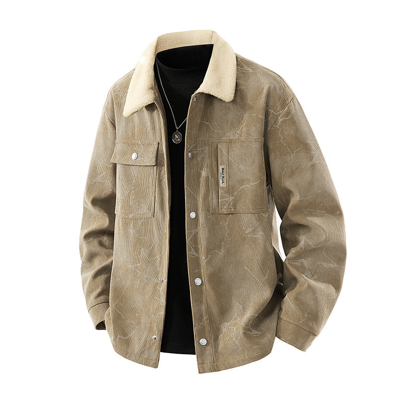 Men's  marbled corduroy sherpa-collar overshirt jacket with flap chest pockets Mune Fashion
