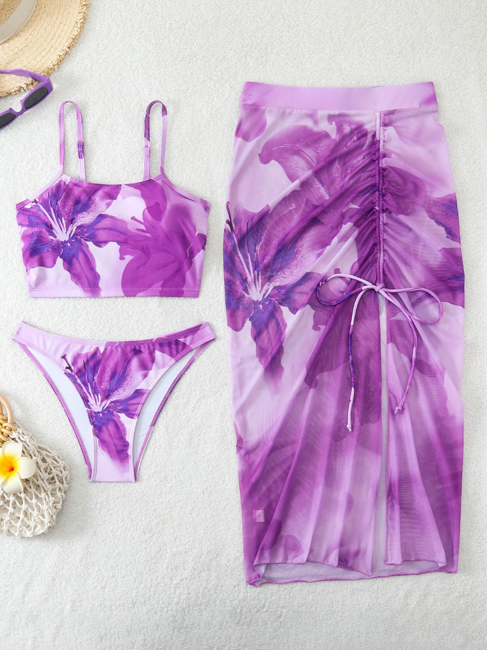 Women's bikini set with floral balconette top and transparent wrap skirt Mune Fashion