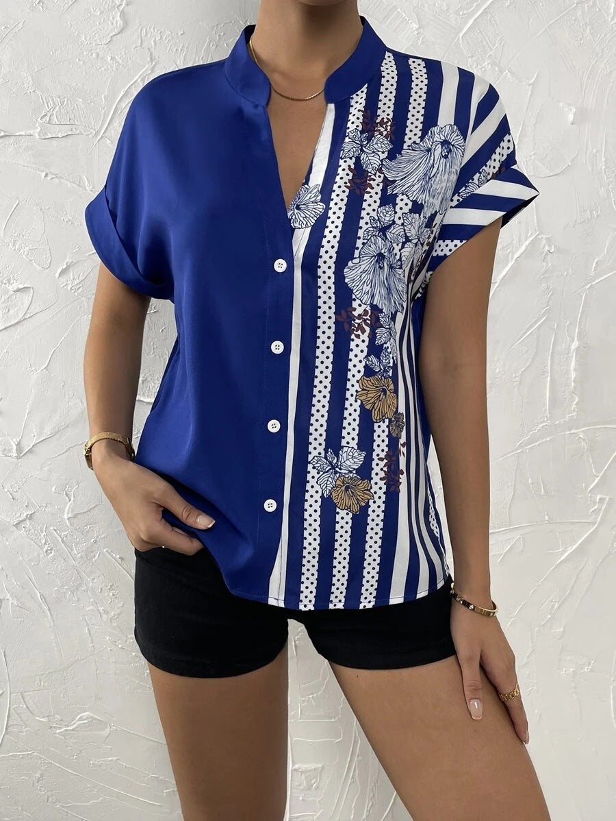 Women’s short sleeve blouse with stand collar and asymmetric stripe-floral print Mune Fashion