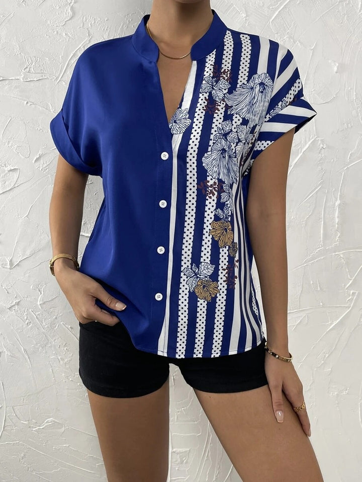Women’s short sleeve blouse with stand collar and asymmetric stripe-floral print Mune Fashion