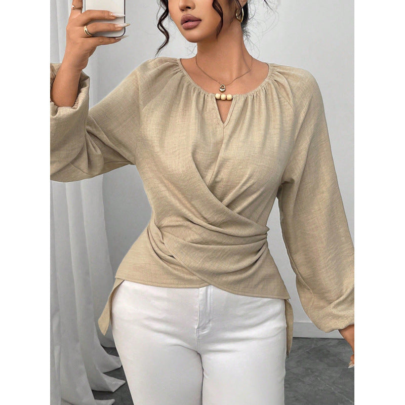 Women Tailored Wrap Blouse with Pearl Detail and Balloon Sleeves Mune Fashion
