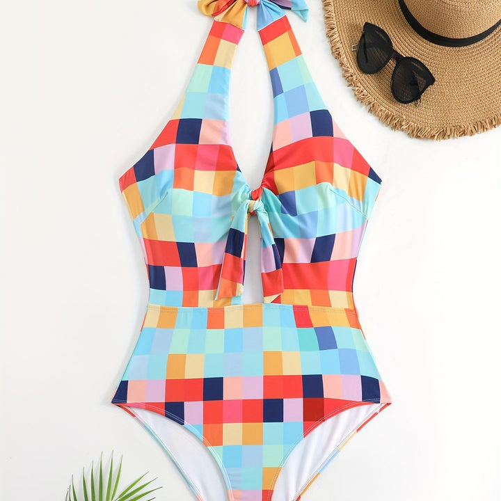 Women's One-Piece Swimsuit with Fashionable Check Pattern Mune Fashion