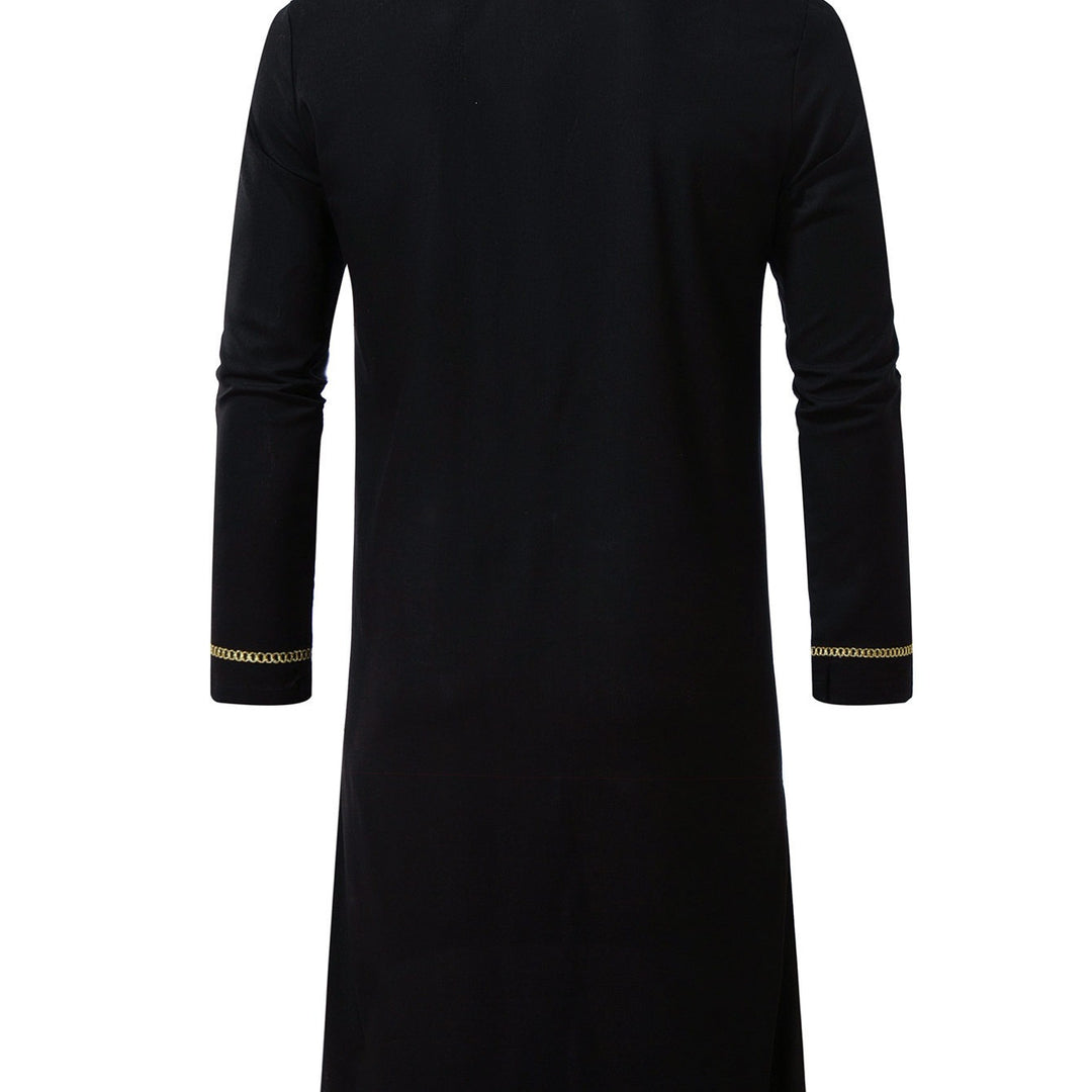 Men's Elegant Long Tunic with Round Neckline, Front Zipper and Golden Decorative Embroidery Mune Fashion