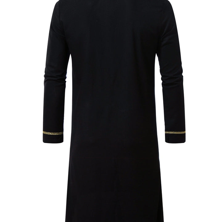 Men's Elegant Long Tunic with Round Neckline, Front Zipper and Golden Decorative Embroidery Mune Fashion