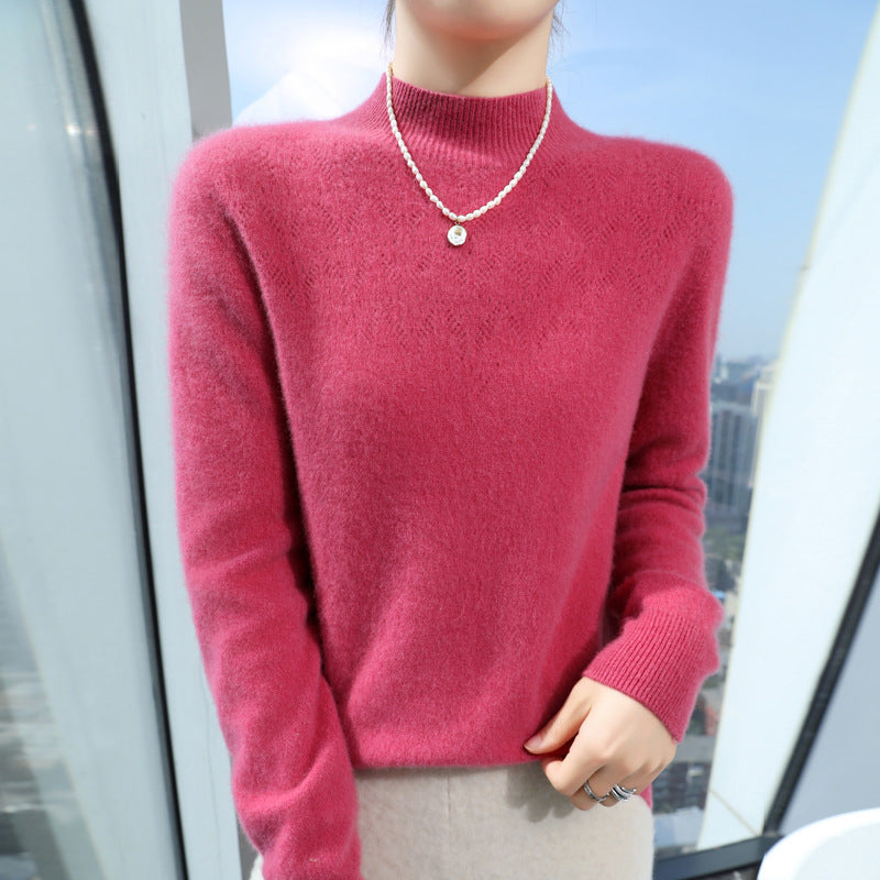 Women Slim Minimalist Stand Collar Fine Knit Sweater with Ribbed Neck Mune Fashion