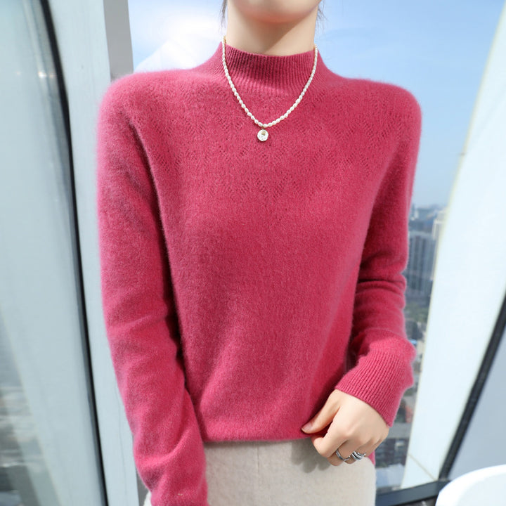 Women Slim Minimalist Stand Collar Fine Knit Sweater with Ribbed Neck Mune Fashion