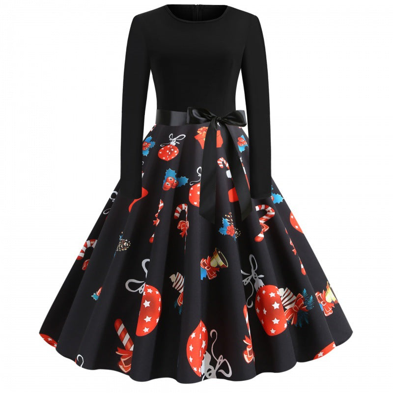 Women Retro Swing Dress with Jersey Top, Tailored Satin Sash and Festive Print Mune Fashion