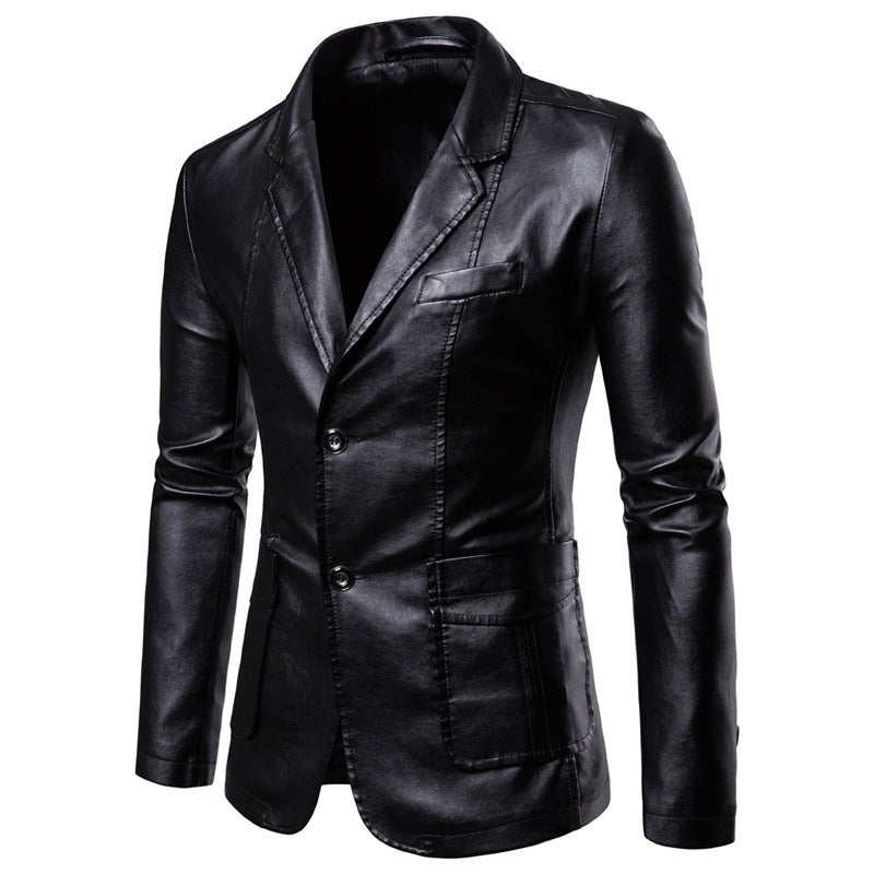 Men's Figure-Hugging Leather-Look Blazer with Shirt Collar and Two-Button Front Mune Fashion