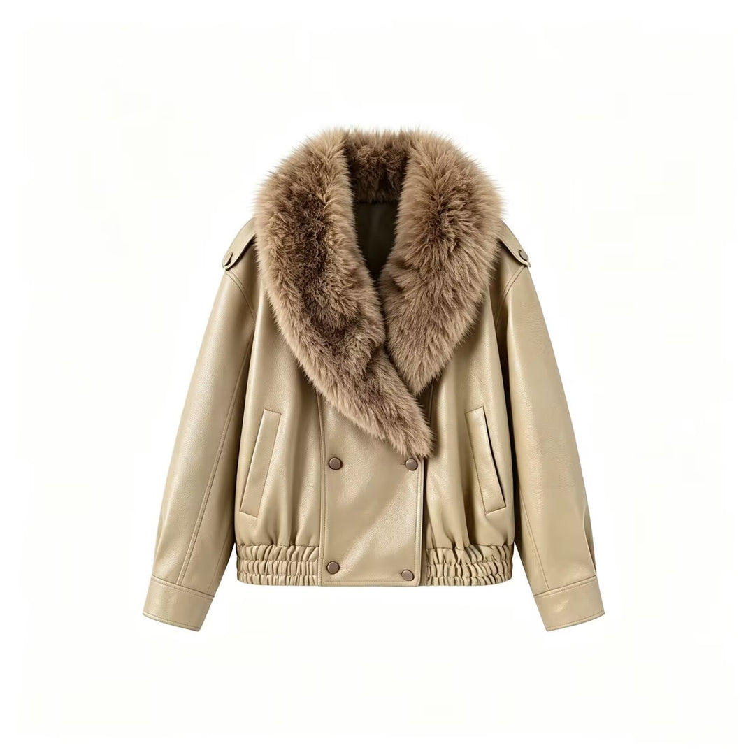 Women's short jacket made of leather look with large faux fur collar Drune