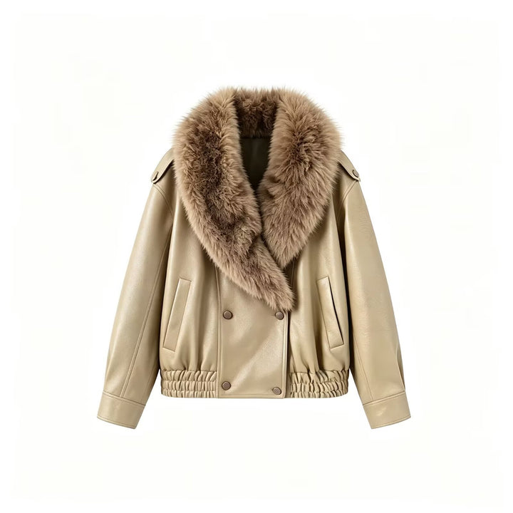 Women's short jacket made of leather look with large faux fur collar Drune