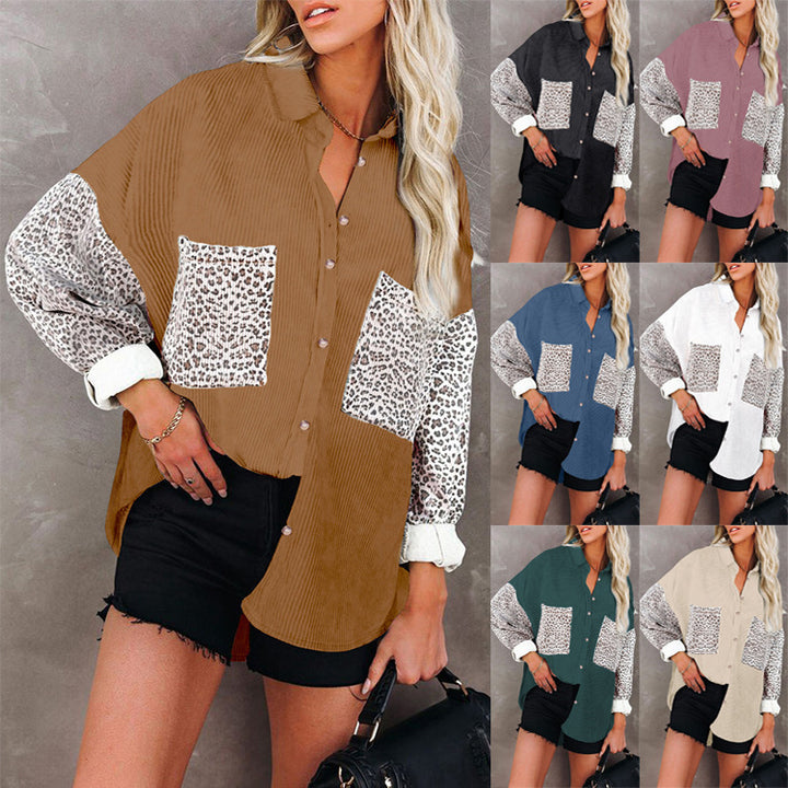 Women's oversized shirt blouse with textured fabric, contrast sleeves in leopard print and patch pockets Mune Fashion