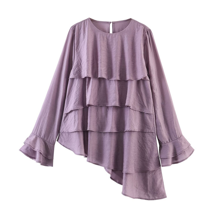 Women Layered Ruffle Blouse with Bell Sleeves and Asymmetrical Hem Mune Fashion