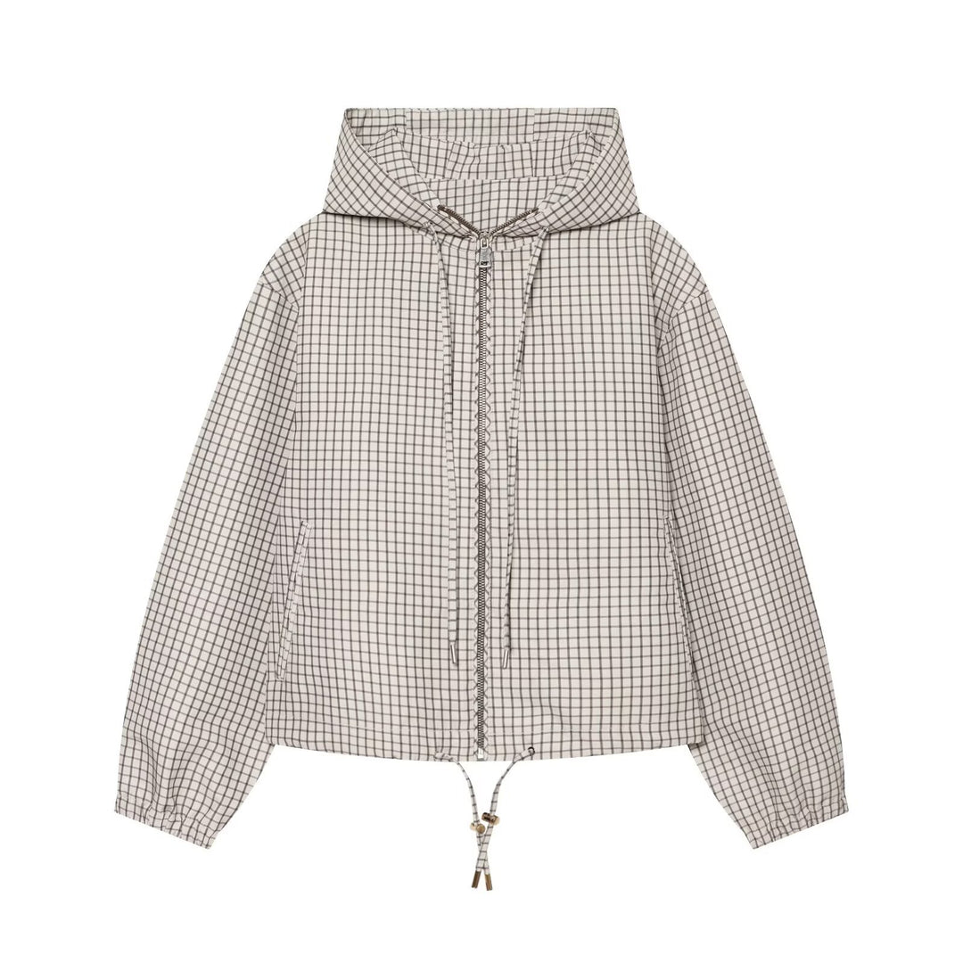 Women's Checkered Cropped Windbreaker with Hood, Drawstring and Zipper Drune