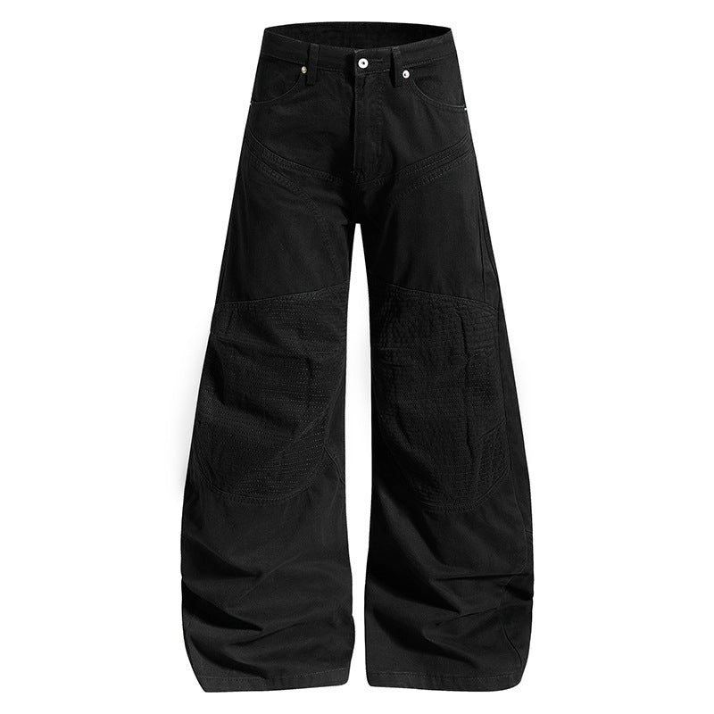 Women High-waisted wide Denim culotte pants with reinforced ribbed knee panels and patch stitching Mune Fashion