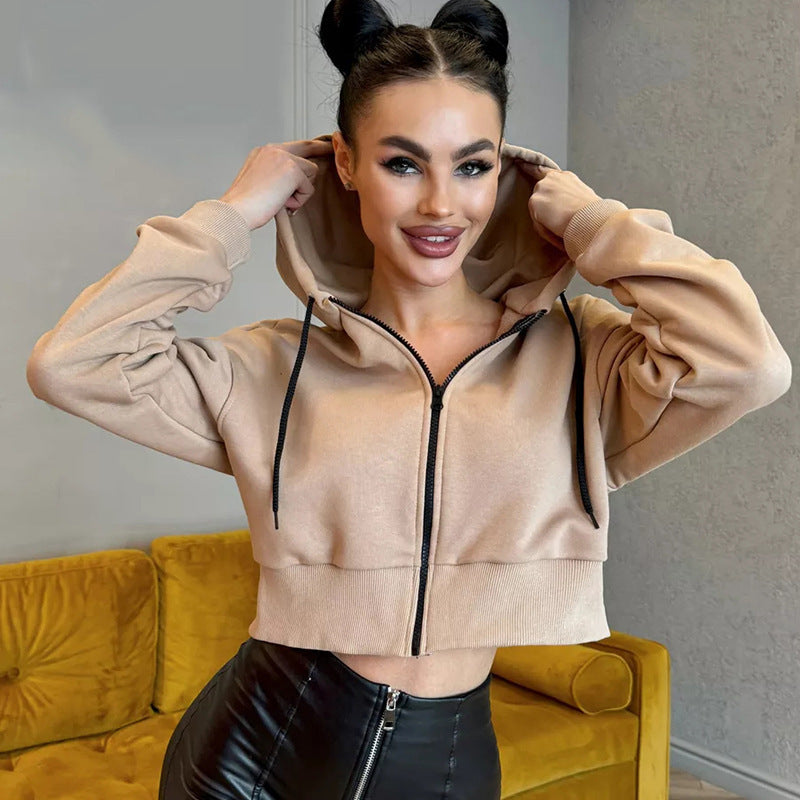 Women's Cropped Hooded Jacket with Short Zipper and Wide Ribbed Cuff Mune Fashion