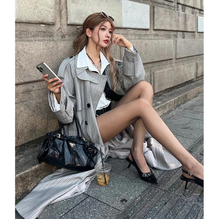 Women Longer Striped Oversize Trench Coat with Wide Lapels and Balloon Sleeves Mune Fashion