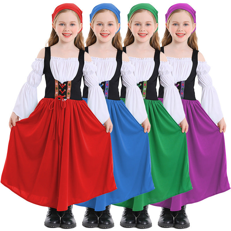 Ladies medieval girl costume with laced bodice and headscarf Mune Fashion