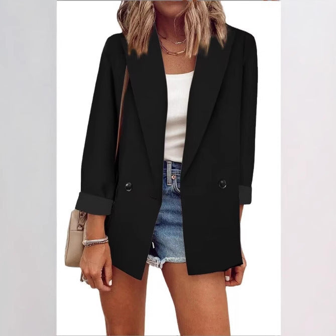 Women's Oversize Longline Blazer with 3/4 Sleeves, Contrast Lapel and Patch Pockets Mune Fashion