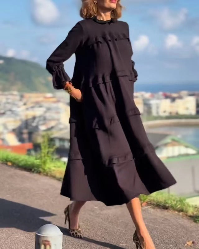 Women's nan castiges tiered midi dress with ruffled collar, gathered cuffs, and hidden side pockets Mune Fashion