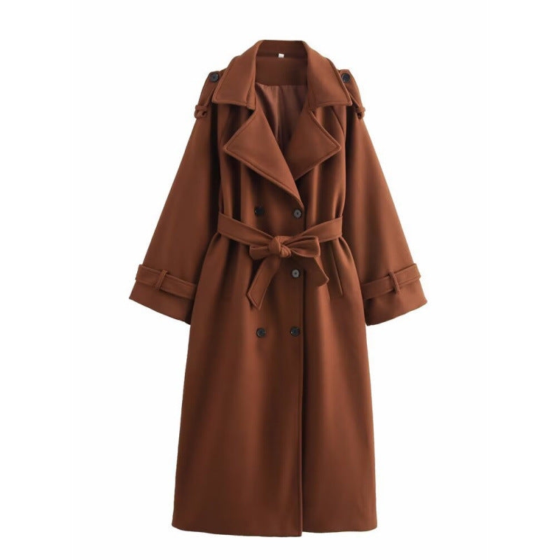 Women’s long double-breasted wool blend trench coat with belt and wide lapels Mune Fashion