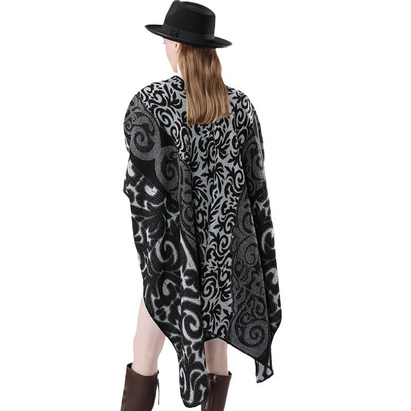 Women's Oversized Kimono Poncho in Jacquard Knit with Ornamental Pattern and V-Neck
