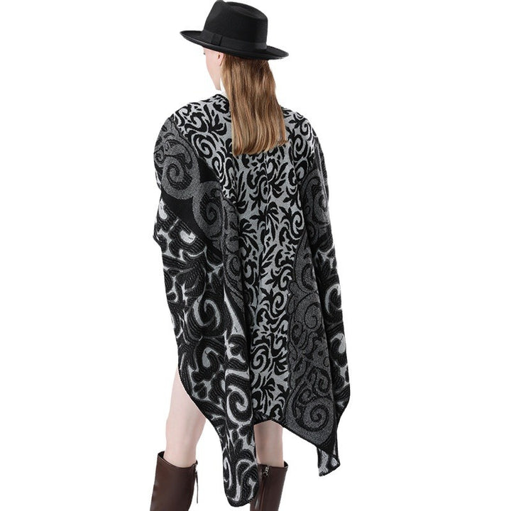 Women's Oversized Kimono Poncho in Jacquard Knit with Ornamental Pattern and V-Neck