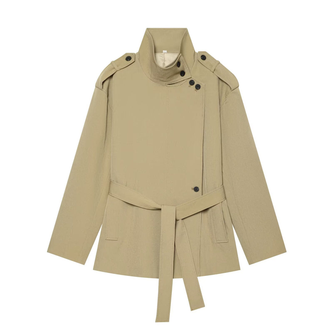 Women's short trench coat with high standing collar, waist belt and shoulder flaps Drune