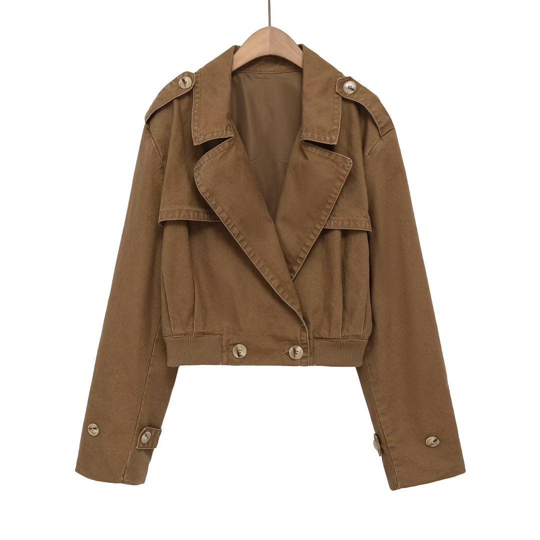 Women's Short Trench Style Jacket with Epaulettes, Tailored Ribbed Waistband and Decorative Buttons Mune Fashion