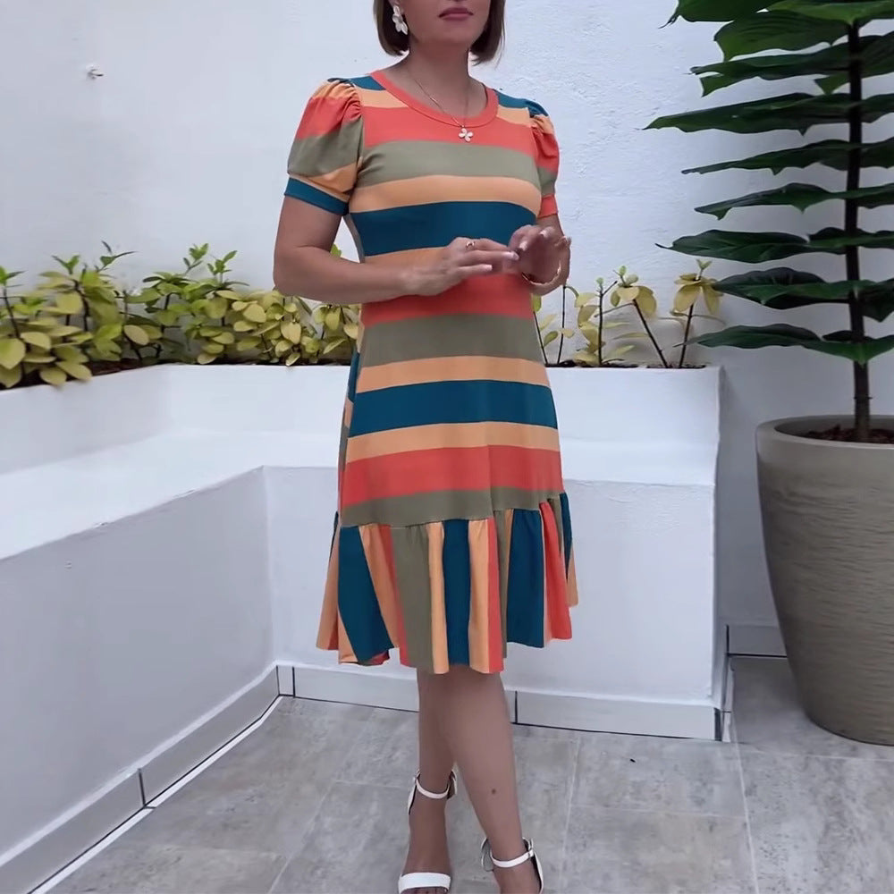 Women's striped jersey dress A-line cut with short puff sleeves and ruffle hem Mune Fashion